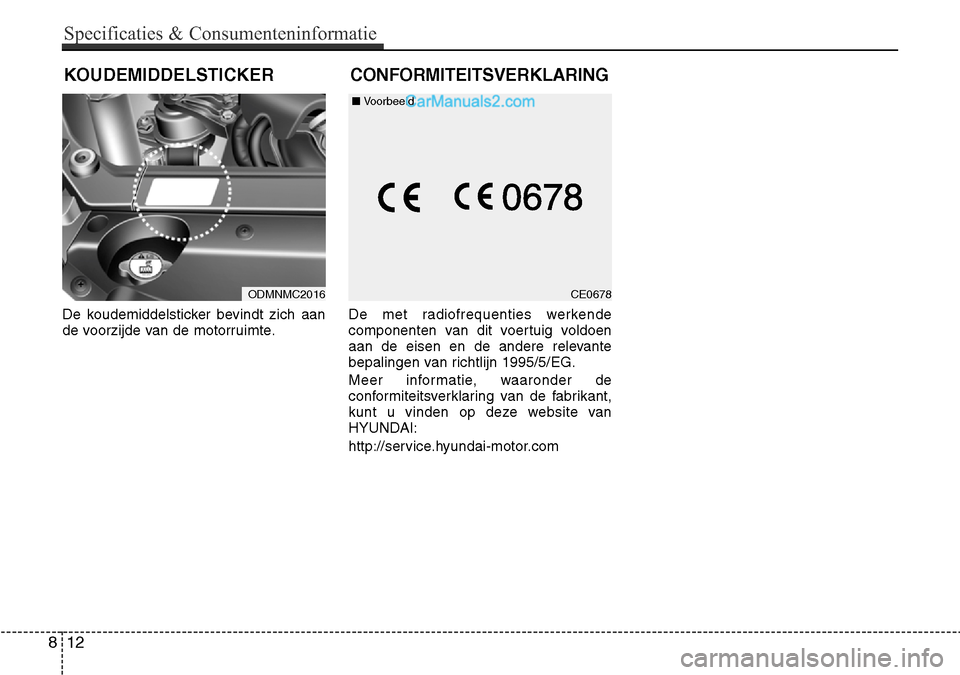 Hyundai Santa Fe 2017  Handleiding (in Dutch) De koudemiddelsticker bevindt zich aan 
de voorzijde van de motorruimte.De met radiofrequenties werkende
componenten van dit voertuig voldoen
aan de eisen en de andere relevante
bepalingen van richtli