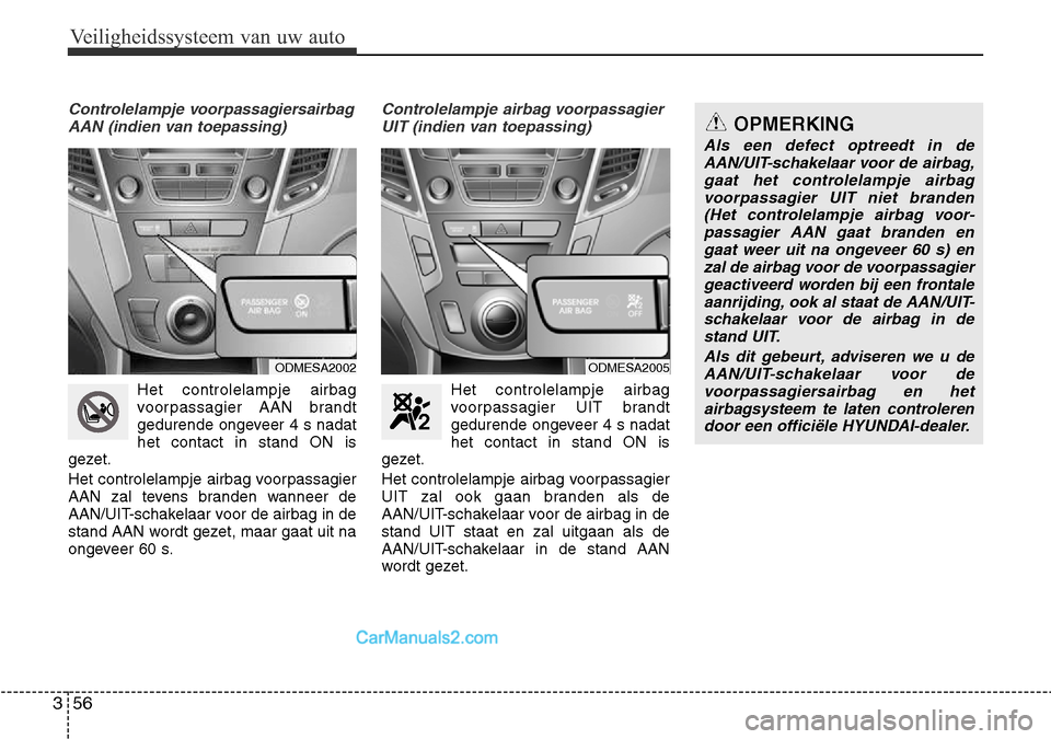 Hyundai Santa Fe 2017  Handleiding (in Dutch) Veiligheidssysteem van uw auto
56
3
Controlelampje voorpassagiersairbag
AAN (indien van toepassing)
Het controlelampje airbag 
voorpassagier AAN brandt
gedurende ongeveer 4 s nadathet contact in stand