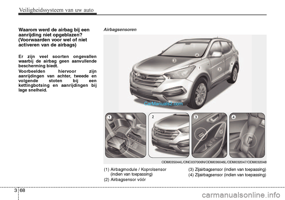 Hyundai Santa Fe 2017 Handleiding (in Dutch) Veiligheidssysteem van uw auto
68
3
Waarom werd de airbag bij een
aanrijding niet opgeblazen?
(Voorwaarden voor wel of niet
activeren van de airbags)
Er zijn veel soorten ongevallen
waarbij de airb Hyundai Santa Fe 2017 Handleiding (in Dutch) Veiligheidssysteem van uw auto
68
3
Waarom werd de airbag bij een
aanrijding niet opgeblazen?
(Voorwaarden voor wel of niet
activeren van de airbags)
Er zijn veel soorten ongevallen
waarbij de airb