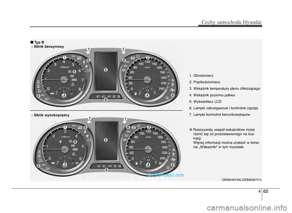 Hyundai Santa Fe 2017 Instrukcja Obsługi (in Polish) 4 65
Cechy \famochodu Hyunda\b
1\b Obrotomierz
\f\b Prędkościomierz
3\b Wskaźnik temperatury płynu chłodzącego
4\b Wskaźnik poziomu paliwa
5\b Wyświetlacz lcD
6\b lampki ostrzegawcze i kontro Hyundai Santa Fe 2017 Instrukcja Obsługi (in Polish) 4 65
Cechy \famochodu Hyunda\b
1\b Obrotomierz
\f\b Prędkościomierz
3\b Wskaźnik temperatury płynu chłodzącego
4\b Wskaźnik poziomu paliwa
5\b Wyświetlacz lcD
6\b lampki ostrzegawcze i kontro