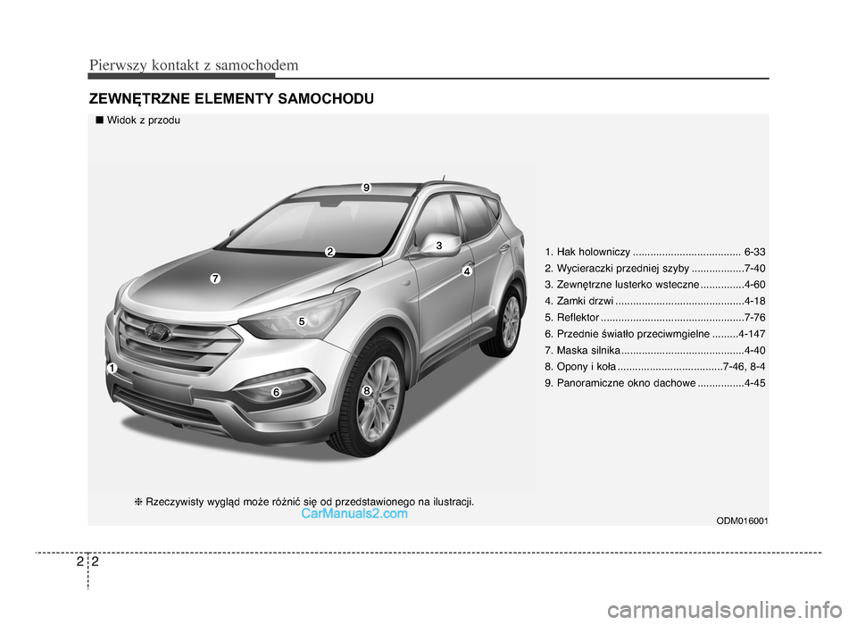 Hyundai Santa Fe 2017 Instrukcja Obsługi (in Polish) Pie\fwszy \bonta\bt z samochodem
22
ZewnętrZne elementy s\bmochodu
1. Hak holowniczy ..................................... 6-33
2. Wycieraczki przedniej szyby ..................7-\f\b
3. Zewnętrzne Hyundai Santa Fe 2017 Instrukcja Obsługi (in Polish) Pie\fwszy \bonta\bt z samochodem
22
ZewnętrZne elementy s\bmochodu
1. Hak holowniczy ..................................... 6-33
2. Wycieraczki przedniej szyby ..................7-\f\b
3. Zewnętrzne