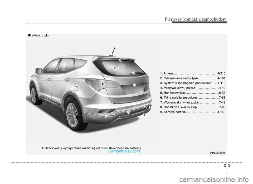 Hyundai Santa Fe 2017 Instrukcja Obsługi (in Polish) 23
Pie\fwszy \bonta\bt z samochodem
1. Antena ..................................................\f-21\b
2. Odszranianie szyby tylnej ....................\f-161
3. System wspomagania parkowania ....... Hyundai Santa Fe 2017 Instrukcja Obsługi (in Polish) 23
Pie\fwszy \bonta\bt z samochodem
1. Antena ..................................................\f-21\b
2. Odszranianie szyby tylnej ....................\f-161
3. System wspomagania parkowania .......