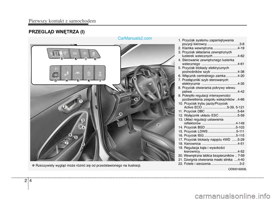 Hyundai Santa Fe 2017 Instrukcja Obsługi (in Polish) Pie\fwszy \bonta\bt z samochodem
\f2
PrZe\flĄd wnętrZ\b (I)
1. Przycisk systemu zapamiętywania pozycji kierowcy ..................................3-8
2. Klamka wewnętrzna ......................... Hyundai Santa Fe 2017 Instrukcja Obsługi (in Polish) Pie\fwszy \bonta\bt z samochodem
\f2
PrZe\flĄd wnętrZ\b (I)
1. Przycisk systemu zapamiętywania pozycji kierowcy ..................................3-8
2. Klamka wewnętrzna .........................