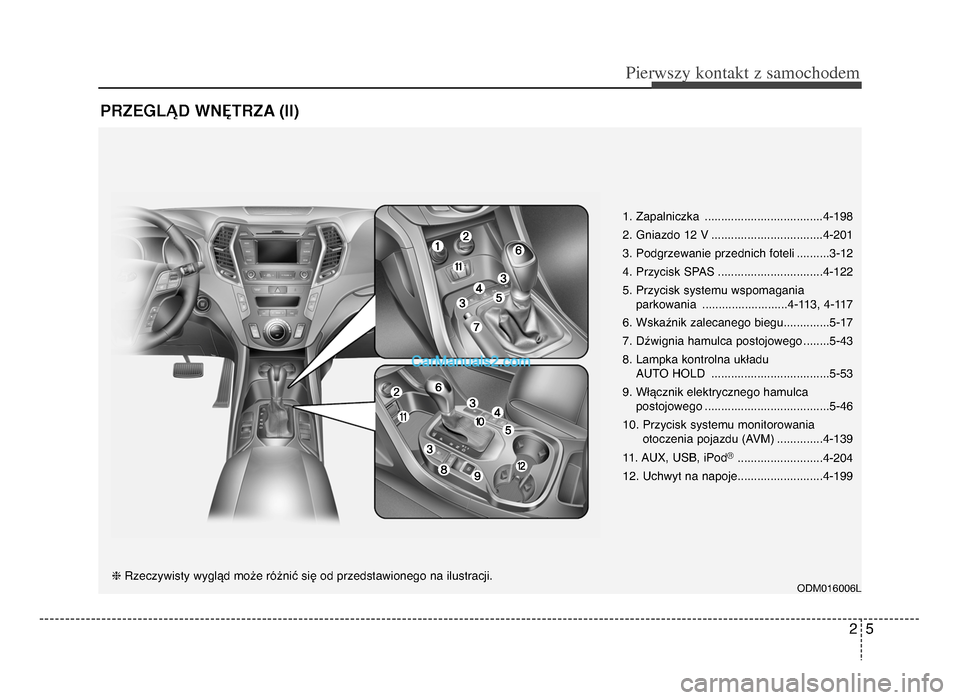Hyundai Santa Fe 2017  Instrukcja Obsługi (in Polish) 25
Pie\fwszy \bonta\bt z samochodem
PRZEG\bĄD WNĘ\fRZA (II)
1. Zapalniczka ....................................\f-198
2. Gniazdo 12 V ..................................\f-2\b1
3. Podgrzewanie przedn