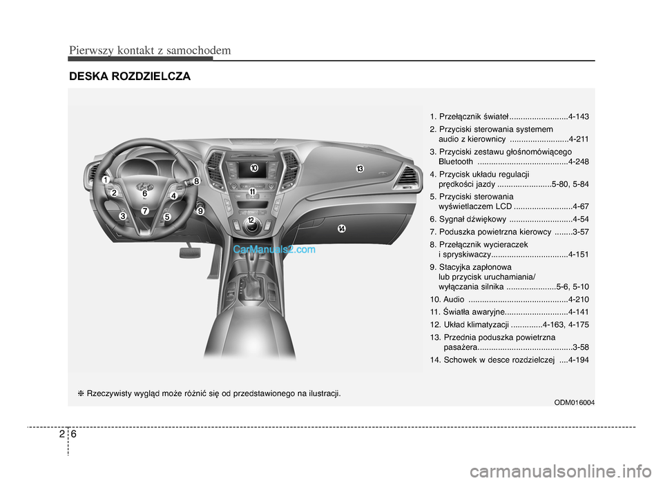 Hyundai Santa Fe 2017  Instrukcja Obsługi (in Polish) Pie\fwszy \bonta\bt z samochodem
62
desK\b roZdZIelcZ\b
ODM\b16\b\b\fhRzeczywisty wygląd może różnić się od przedstawionego na ilustracji.
1. Przełącznik świateł ..........................\f