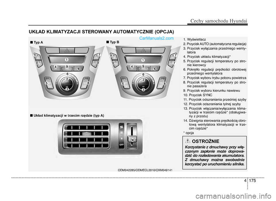 Hyundai Santa Fe 2017 Instrukcja Obsługi (in Polish) 4 175
Cechy \famochodu Hyunda\b
UKŁAD KLIMATYZACJI STEROWANY AUTOMATYCZNIE (OPCJA)
ODM04ᵒfᵒf85/ODMECLᵒf010/OxM04914ᵒ31
1ᵒb Wyświetlacz
ᵒfᵒb Przycisk AUTO (automatyczna regulacja)
3ᵒ Hyundai Santa Fe 2017 Instrukcja Obsługi (in Polish) 4 175
Cechy \famochodu Hyunda\b
UKŁAD KLIMATYZACJI STEROWANY AUTOMATYCZNIE (OPCJA)
ODM04ᵒfᵒf85/ODMECLᵒf010/OxM04914ᵒ31
1ᵒb Wyświetlacz
ᵒfᵒb Przycisk AUTO (automatyczna regulacja)
3ᵒ