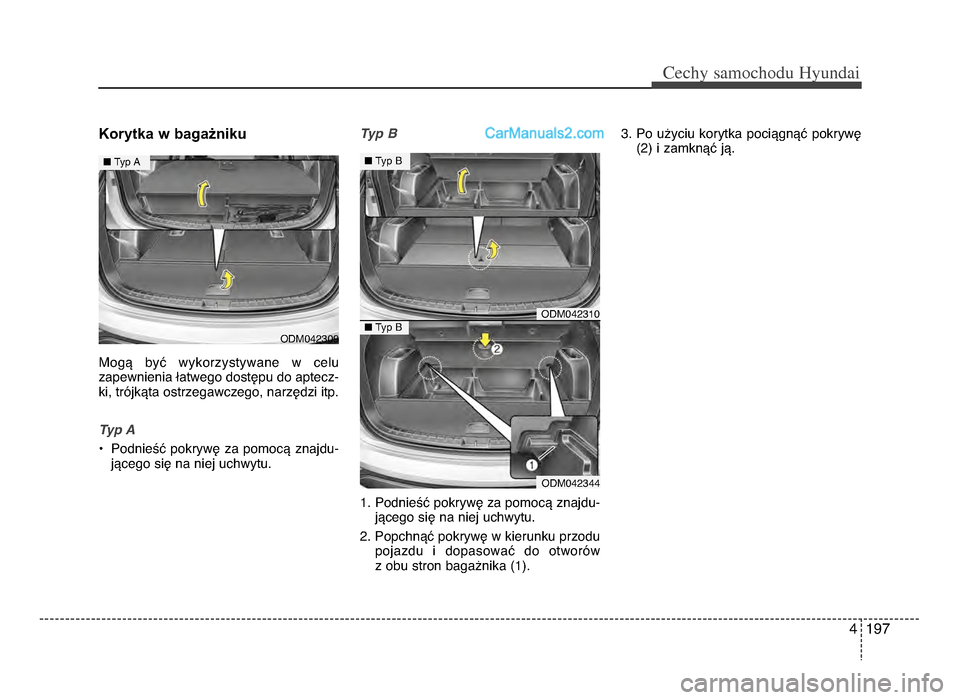 Hyundai Santa Fe 2017  Instrukcja Obsługi (in Polish) 4 197
Cechy \famochodu Hyunda\b
Korytka w bagażniku
Mogą  być  wykorzystywane  w  celu
zapewnienia łatwego dostępu do aptecz-
ki, trójkąta ostrzegawczego, narzędzi itpᵒb
Typ A
• Podnieść