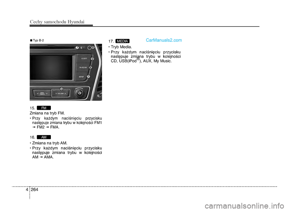 Hyundai Santa Fe 2017 Instrukcja Obsługi (in Polish) Cec\by sam\fc\b\fdu Hyundai
2644
15.
Zmiana na tryb FM.
P
Przy ka[dym naciYniWciu przycisku
nastWpuje zmiana trybu w kolejnoYci FM1
\b FM2\b FMA.
16.
P Zmiana na tryb AM.
P Przy ka[dym naciYni Hyundai Santa Fe 2017 Instrukcja Obsługi (in Polish) Cec\by sam\fc\b\fdu Hyundai
2644
15.
Zmiana na tryb FM.
P
Przy ka[dym naciYniWciu przycisku
nastWpuje zmiana trybu w kolejnoYci FM1
\b FM2\b FMA.
16.
P Zmiana na tryb AM.
P Przy ka[dym naciYni
