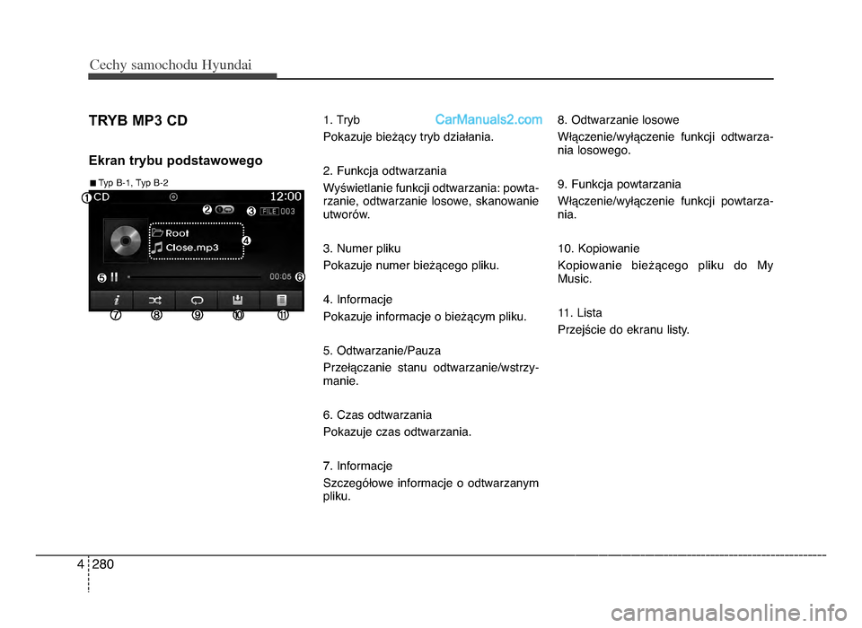 Hyundai Santa Fe 2017  Instrukcja Obsługi (in Polish) Cec\by sam\fc\b\fdu Hyundai
2804
TRyB mP3 cd
Ekran trybu podstawowego
1. Tryb
Pokazuje bie[Vcy tryb dziaTania.
2. Funkcja odtwarzania
WyYwietlanie funkcji odtwarzania: powta-
rzanie,  odtwarzanie  los