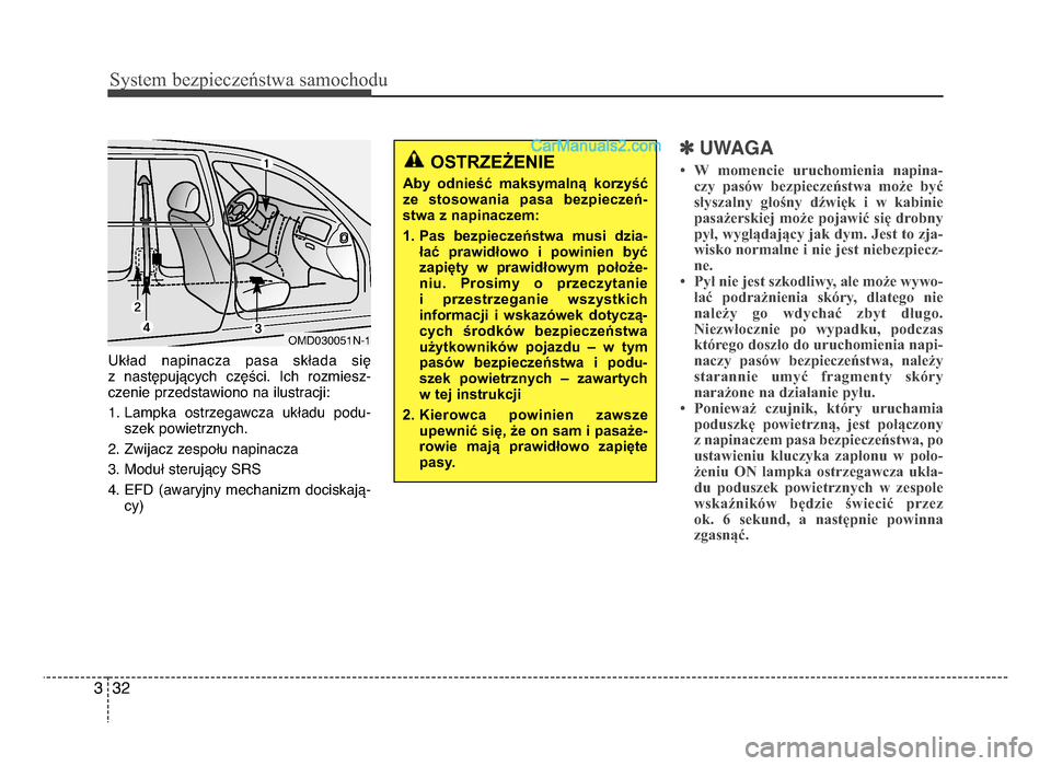 Hyundai Santa Fe 2017 Instrukcja Obsługi (in Polish) Sy\ftem bezp\beczeń\ftwa \famochodu
3\f3
Układ napinacza pasa składa się
z następujących części\b Ich rozmiesz-
czenie przedstawiono na ilustracji:
1\b Lampka ostrzegawcza układu Hyundai Santa Fe 2017 Instrukcja Obsługi (in Polish) Sy\ftem bezp\beczeń\ftwa \famochodu
3\f3
Układ napinacza pasa składa się
z następujących części\b Ich rozmiesz-
czenie przedstawiono na ilustracji:
1\b Lampka ostrzegawcza układu