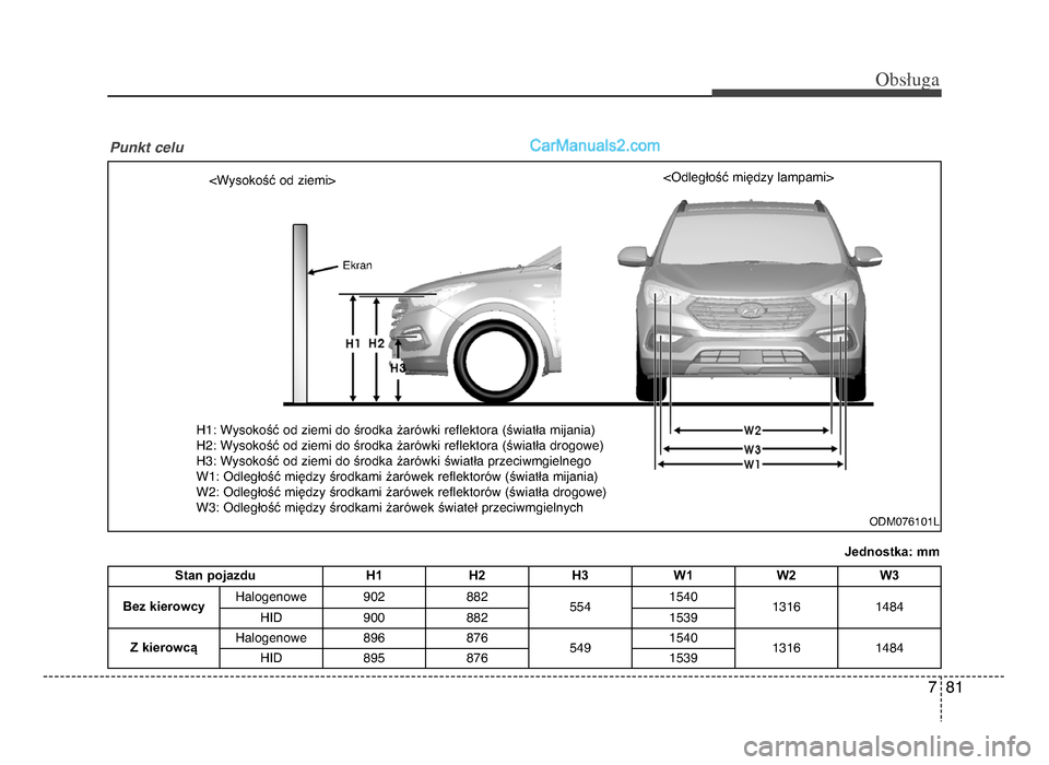 Hyundai Santa Fe 2017  Instrukcja Obsługi (in Polish) 7 81
Obs�uga
Jednostka: mm
<Wysokość od ziemi>
<odległość między lampami>
H1: Wysokość od ziemi do środka żarówki reflektora (światła mijania)
H2: Wysokość od ziemi do środka żarówki