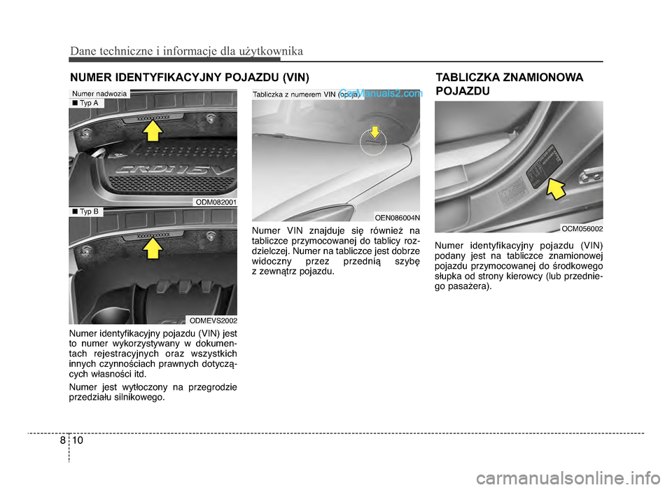 Hyundai Santa Fe 2017  Instrukcja Obsługi (in Polish) Dane techn\bczne \b \bnfor\facje dla użytkown\bka
108
Numer identyfikacyjny pojazdu (VIN) jest
to  numer  wykorzystywany  w  dokumen-
tach  rejestracyjnych  oraz  wszystkich innych  czynnościach  pr