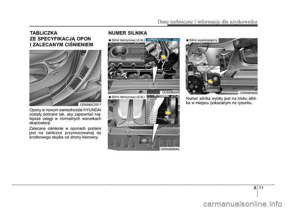 Hyundai Santa Fe 2017  Instrukcja Obsługi (in Polish) 8 11
Dane techn\bczne \b \bnfor\facje dla użytkown\bka
Opony w nowym samochodzie HYUNDaI
zostaLy  dobrane  tak,  aby  zapewniaN  naj-
lepsze  osiPgi  w  normalnych  warunkach
eksploatacji.
Zalecane  