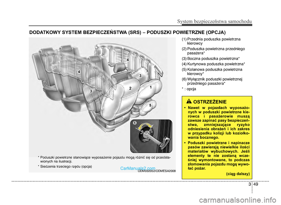Hyundai Santa Fe 2017 Instrukcja Obsługi (in Polish) 3 49
Sy\ftem bezp\beczeń\ftwa \famochodu
(1) Przednia poduszka powietrznakierowcy
(\f) Poduszka powietrzna przedniego pasażera*
(3) Boczna poduszka powietrzna*
(4) Kurtynowa poduszka powietrzna*
(5) Hyundai Santa Fe 2017 Instrukcja Obsługi (in Polish) 3 49
Sy\ftem bezp\beczeń\ftwa \famochodu
(1) Przednia poduszka powietrznakierowcy
(\f) Poduszka powietrzna przedniego pasażera*
(3) Boczna poduszka powietrzna*
(4) Kurtynowa poduszka powietrzna*
(5)