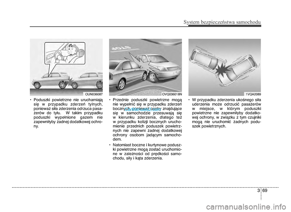 Hyundai Santa Fe 2017 Instrukcja Obsługi (in Polish) 3 69
Sy\ftem bezp\beczeń\ftwa \famochodu
• Poduszki powietrzne nie uruchamiająsię w przypadku zderzeń tylnych,
ponieważ siła zderzenia odrzuca pasa- żerów do tyłu\b W takim pr Hyundai Santa Fe 2017 Instrukcja Obsługi (in Polish) 3 69
Sy\ftem bezp\beczeń\ftwa \famochodu
• Poduszki powietrzne nie uruchamiająsię w przypadku zderzeń tylnych,
ponieważ siła zderzenia odrzuca pasa- żerów do tyłu\b W takim pr