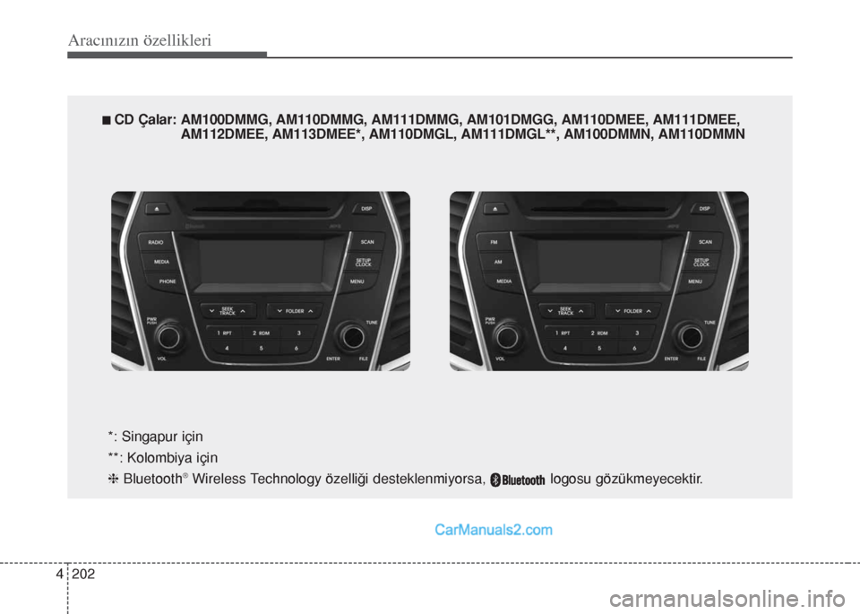 Hyundai Santa Fe 2017 Kullanım Kılavuzu (in Turkish) Aracınızın özellikleri
202 4
n CD Çalar: AM100DMMG, AM110DMMG, AM111DMMG, AM101DMGG, AM110DMEE, AM111DMEE,
AM112DMEE, AM113DMEE*, AM110DMGL, AM111DMGL**, AM100DMMN, AM110DMMN
*: Singapur için
** Hyundai Santa Fe 2017 Kullanım Kılavuzu (in Turkish) Aracınızın özellikleri
202 4
n CD Çalar: AM100DMMG, AM110DMMG, AM111DMMG, AM101DMGG, AM110DMEE, AM111DMEE,
AM112DMEE, AM113DMEE*, AM110DMGL, AM111DMGL**, AM100DMMN, AM110DMMN
*: Singapur için
**