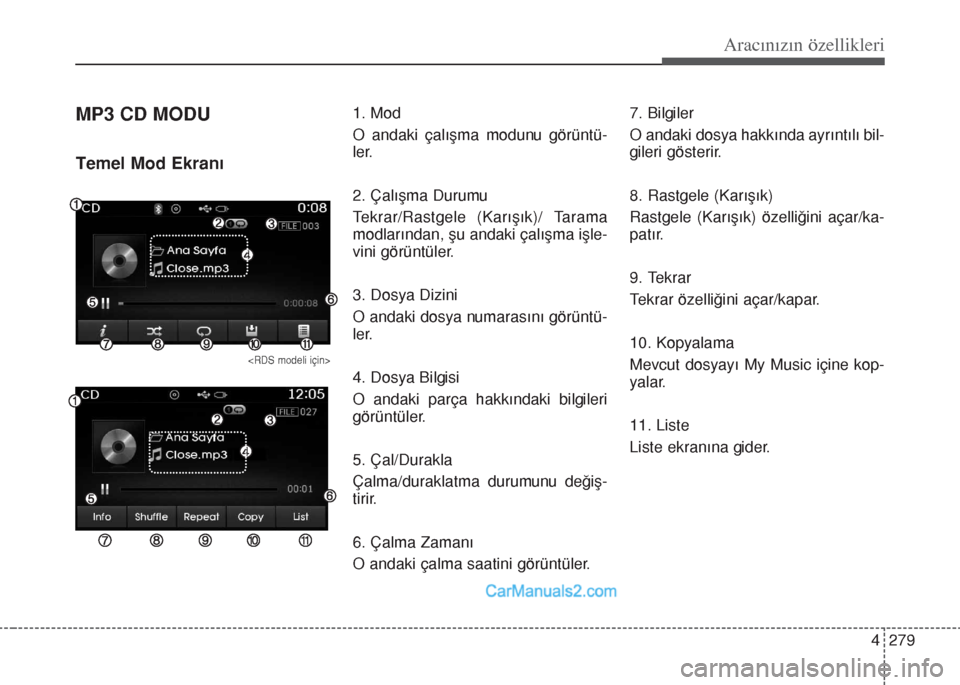 Hyundai Santa Fe 2017 Kullanım Kılavuzu (in Turkish) 4 279
Aracınızın özellikleri
MP3 CD MODU
Temel Mod Ekranı
1. Mod
O andaki çalışma modunu görüntü-
ler.
2. Çalışma Durumu
Tekrar/Rastgele (Karışık)/ Tarama
modlarından, şu andaki ça Hyundai Santa Fe 2017 Kullanım Kılavuzu (in Turkish) 4 279
Aracınızın özellikleri
MP3 CD MODU
Temel Mod Ekranı
1. Mod
O andaki çalışma modunu görüntü-
ler.
2. Çalışma Durumu
Tekrar/Rastgele (Karışık)/ Tarama
modlarından, şu andaki ça
