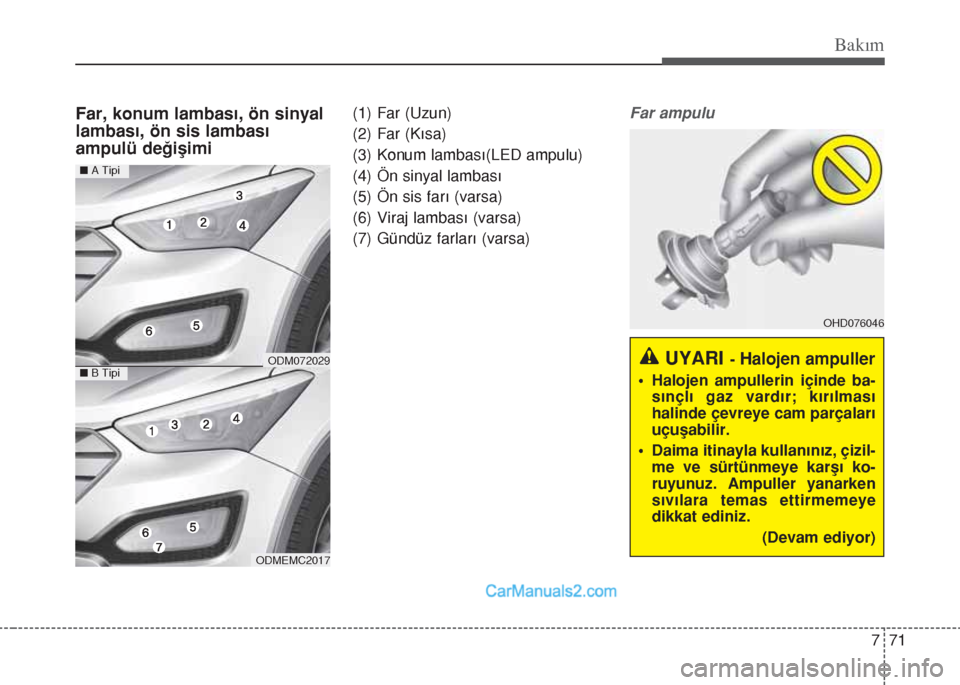 Hyundai Santa Fe 2017 Kullanım Kılavuzu (in Turkish) 771
Bakım
Far, konum lambası, ön sinyal
lambası, ön sis lambası
ampulü değişimi(1) Far (Uzun)
(2) Far (Kısa)
(3) Konum lambası(LED ampulu)
(4) Ön sinyal lambası
(5) Ön sis farı (varsa)
Hyundai Santa Fe 2017 Kullanım Kılavuzu (in Turkish) 771
Bakım
Far, konum lambası, ön sinyal
lambası, ön sis lambası
ampulü değişimi(1) Far (Uzun)
(2) Far (Kısa)
(3) Konum lambası(LED ampulu)
(4) Ön sinyal lambası
(5) Ön sis farı (varsa)