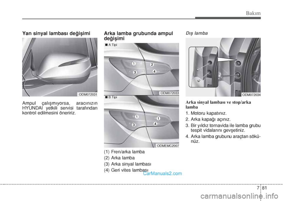 Hyundai Santa Fe 2017  Kullanım Kılavuzu (in Turkish) 781
Bakım
Yan sinyal lambası değişimi
Ampul çalışmıyorsa, aracınızın
HYUNDAI yetkili servisi tarafından
kontrol edilmesini öneririz.
Arka lamba grubunda ampul
değişimi
(1) Fren/arka lam
