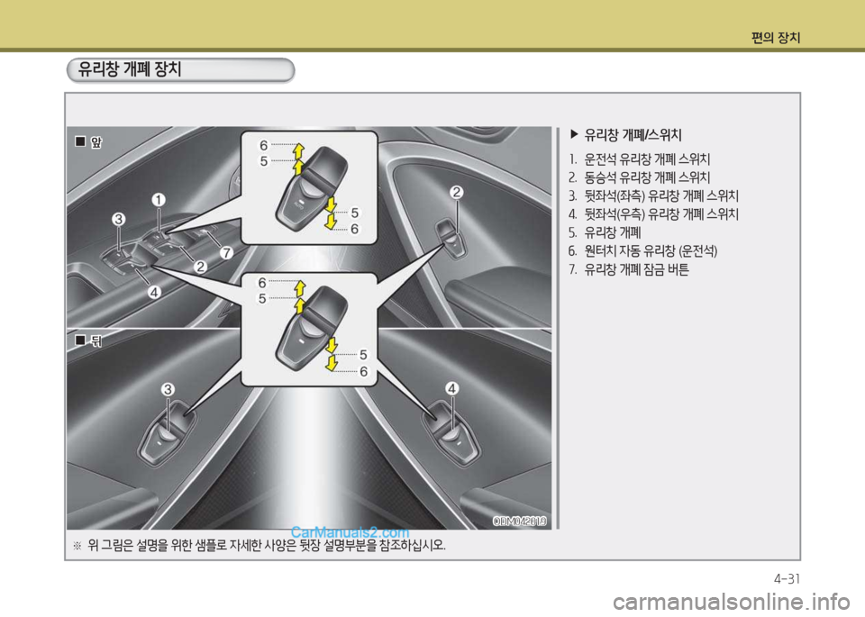 Hyundai Santa Fe 2017  싼타페 DM - 사용 설명서 (in Korean) 편의 장치4-3소
 
▶
유리창  개폐 /스위치
소 .  운전-