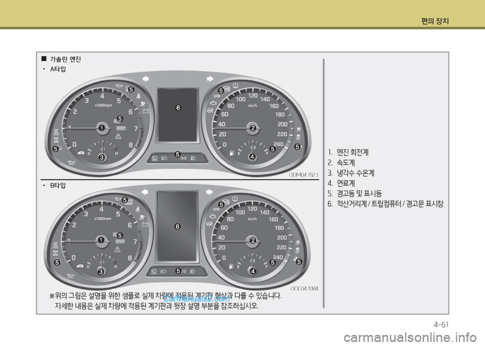 Hyundai Santa Fe 2017  싼타페 DM - 사용 설명서 (in Korean) 편의 장치4-작소
소.   엔진  회전계
속 .  . L계
3 .  냉