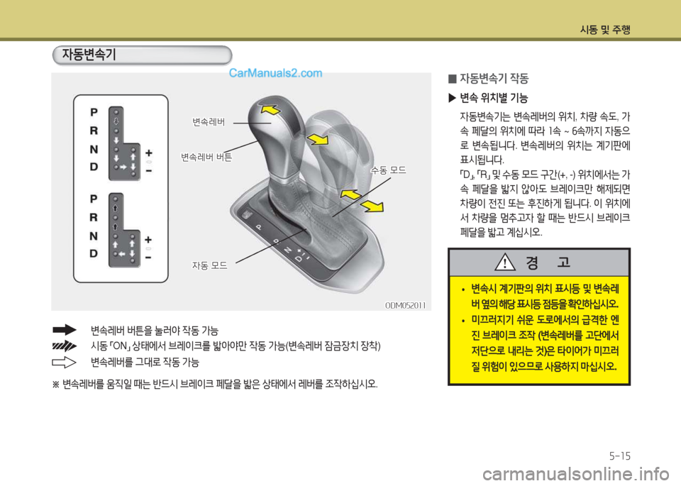 Hyundai Santa Fe 2017  싼타페 DM - 사용 설명서 (in Korean) /d동 및 주B자-소자
※  
변.레버를  움6I일  때는  반드/d  브레이크  페t을  밟은  상=d2X-