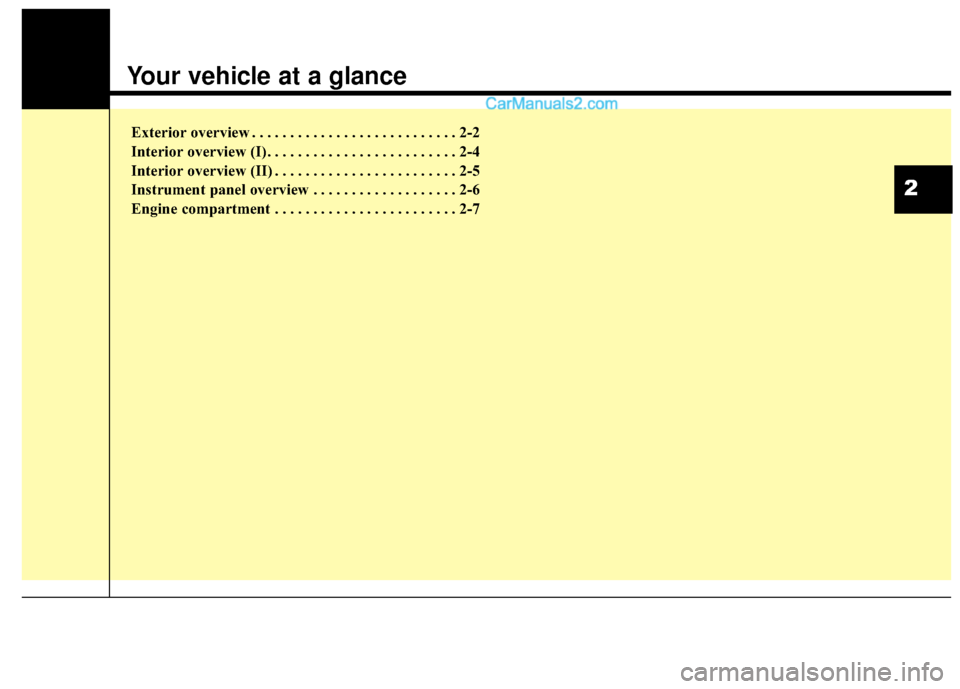 Hyundai Santa Fe 2016 User Guide Exterior overview I . . . . . . . . . . . . . . . . . . . . . . . . . 2-2
Exterior overview II. . . . . . . . . . . . . . . . . . . . . . . . . 2-3
Interior overview . . . . . . . . . . . . . . . . . 