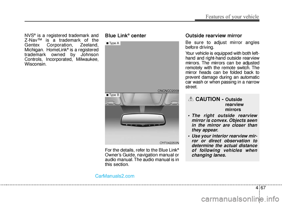 Hyundai Santa Fe 2016 Owners Manual 467
Features of your vehicle
NVS®is a registered trademark and
Z-Nav™ is a trademark of the
Gentex Corporation, Zeeland,
Michigan. HomeLink
®is a registered
trademark owned by Johnson
Controls, In Hyundai Santa Fe 2016 Owners Manual 467
Features of your vehicle
NVS®is a registered trademark and
Z-Nav™ is a trademark of the
Gentex Corporation, Zeeland,
Michigan. HomeLink
®is a registered
trademark owned by Johnson
Controls, In