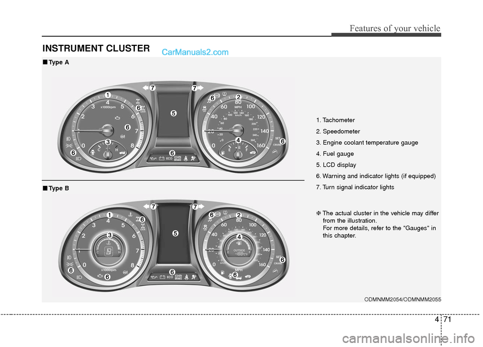 Hyundai Santa Fe 2016 Owners Manual 471
Features of your vehicle
INSTRUMENT CLUSTER
1. Tachometer
2. Speedometer
3. Engine coolant temperature gauge
4. Fuel gauge
5. LCD display
6. Warning and indicator lights (if equipped)
7. Turn sig Hyundai Santa Fe 2016 Owners Manual 471
Features of your vehicle
INSTRUMENT CLUSTER
1. Tachometer
2. Speedometer
3. Engine coolant temperature gauge
4. Fuel gauge
5. LCD display
6. Warning and indicator lights (if equipped)
7. Turn sig