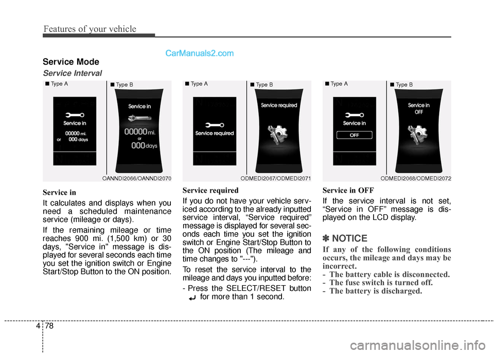 Hyundai Santa Fe 2016  Owners Manual Features of your vehicle
78
4
Service Mode
Service Interval
Service in
It calculates and displays when you
need a scheduled maintenance
service (mileage or days).
If the remaining mileage or time
reac