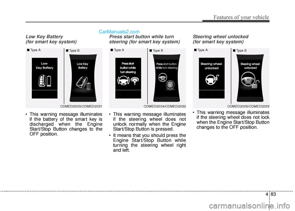Hyundai Santa Fe 2016 Owners Manual 483
Features of your vehicle
Low Key Battery (for smart key system)
This warning message illuminates if the battery of the smart key is
discharged when the Engine
Start/Stop Button changes to the
OFF Hyundai Santa Fe 2016 Owners Manual 483
Features of your vehicle
Low Key Battery (for smart key system)
This warning message illuminates if the battery of the smart key is
discharged when the Engine
Start/Stop Button changes to the
OFF