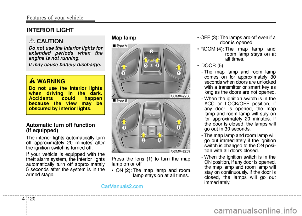 Hyundai Santa Fe 2016  Owners Manual Features of your vehicle
120
4
Automatic turn off function 
(if equipped) 
The interior lights automatically turn
off approximately 20 minutes after
the ignition switch is turned off.
If your vehicle 