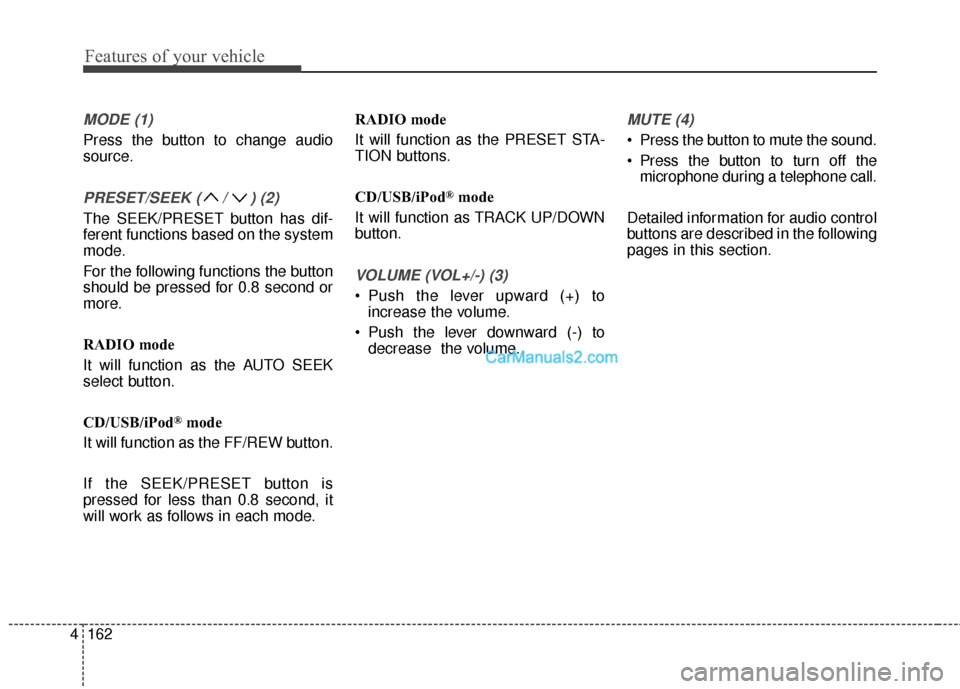 Hyundai Santa Fe 2016  Owners Manual Features of your vehicle
162
4
MODE (1)
Press the button to change audio
source.
PRESET/SEEK ( / ) (2)
The SEEK/PRESET button has dif-
ferent functions based on the system
mode.
For the following func