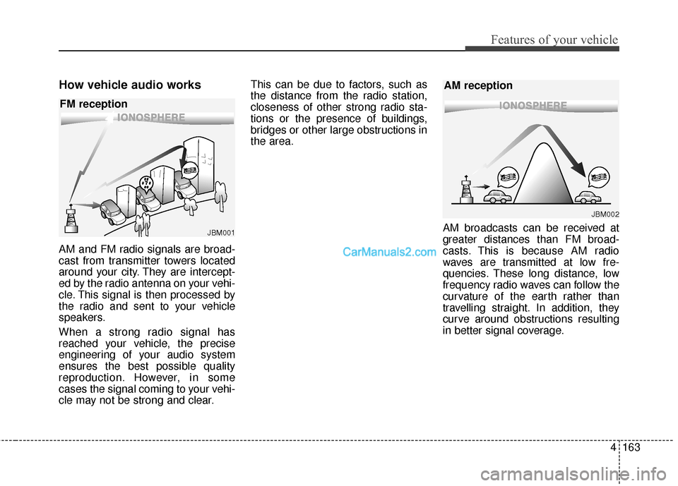 Hyundai Santa Fe 2016 Owners Manual 4163
Features of your vehicle
How vehicle audio works
AM and FM radio signals are broad-
cast from transmitter towers located
around your city. They are intercept-
ed by the radio antenna on your vehi Hyundai Santa Fe 2016 Owners Manual 4163
Features of your vehicle
How vehicle audio works
AM and FM radio signals are broad-
cast from transmitter towers located
around your city. They are intercept-
ed by the radio antenna on your vehi