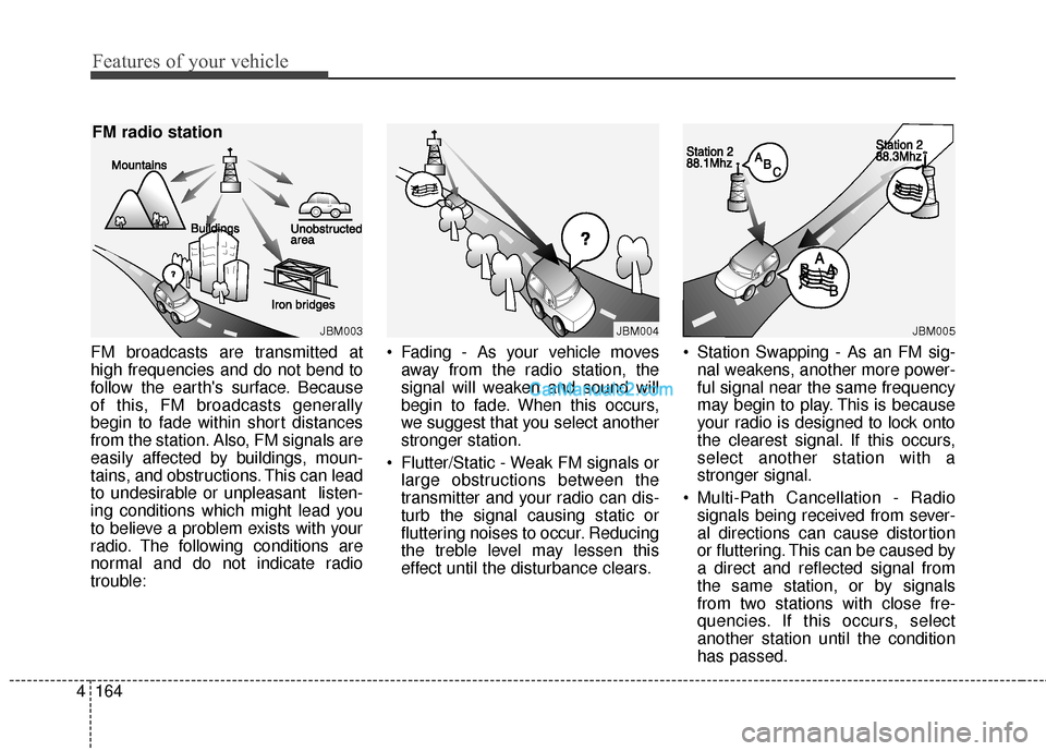 Hyundai Santa Fe 2016 Owners Manual Features of your vehicle
164
4
FM broadcasts are transmitted at
high frequencies and do not bend to
follow the earths surface. Because
of this, FM broadcasts generally
begin to fade within short dist Hyundai Santa Fe 2016 Owners Manual Features of your vehicle
164
4
FM broadcasts are transmitted at
high frequencies and do not bend to
follow the earths surface. Because
of this, FM broadcasts generally
begin to fade within short dist