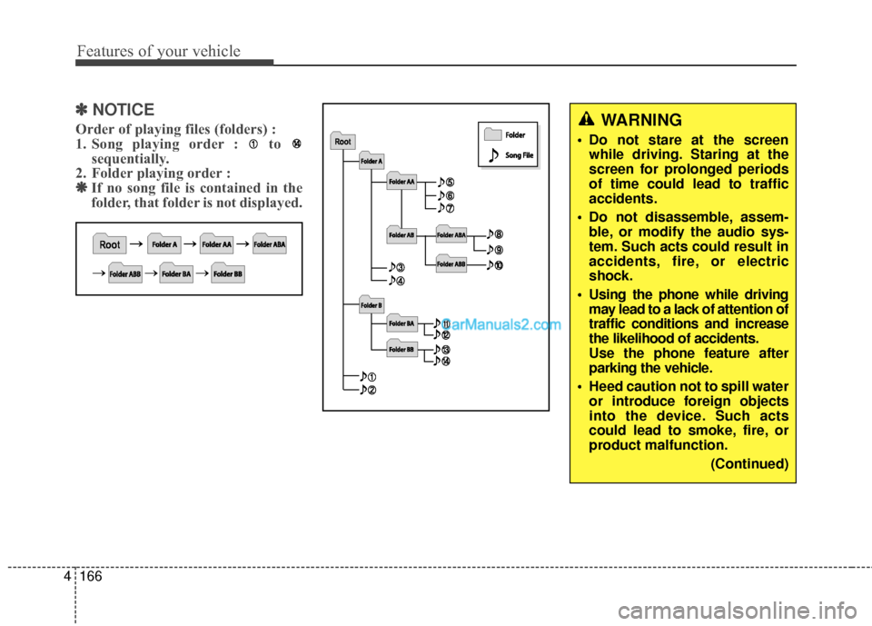 Hyundai Santa Fe 2016 Owners Manual Features of your vehicle
166
4
✽
✽
NOTICE
Order of playing files (folders) :
1. Song playing order : to
sequentially.
2. Folder playing order : ❋ ❋ If no song file is contained in the
fold Hyundai Santa Fe 2016 Owners Manual Features of your vehicle
166
4
✽
✽
NOTICE
Order of playing files (folders) :
1. Song playing order : to
sequentially.
2. Folder playing order : ❋ ❋ If no song file is contained in the
fold