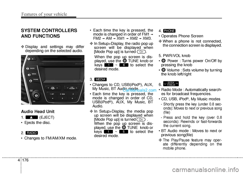 Hyundai Santa Fe 2016  Owners Manual Features of your vehicle
176
4
SYSTEM CONTROLLERS
AND FUNCTIONS
❈ Display and settings may differ
depending on the selected audio.
Audio Head Unit
1. (EJECT)
 Ejects the disc.
2.
 Changes to FM/AM/X
