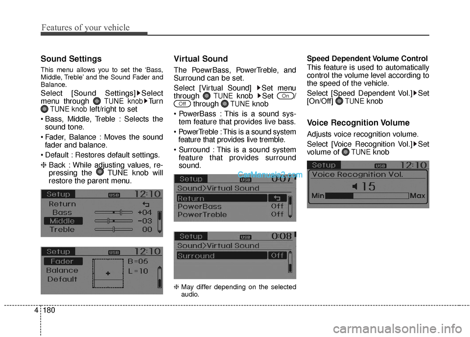 Hyundai Santa Fe 2016  Owners Manual Features of your vehicle
180
4
Sound Settings
This menu allows you to set the ‘Bass,
Middle, Treble’ and the Sound Fader and
Balance.
Select [Sound Settings] Select
menu through 
TUNE knobTu r n
T