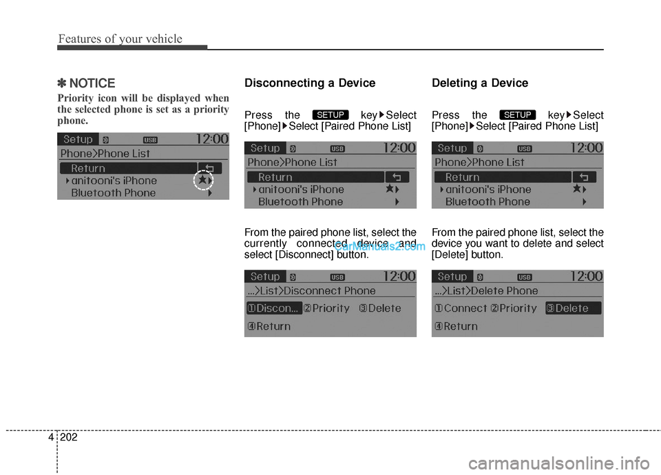 Hyundai Santa Fe 2016  Owners Manual Features of your vehicle
202
4
✽
✽
NOTICE 
Priority icon will be displayed when
the selected phone is set as a priority
phone.
Disconnecting a Device
Press the  key Select
[Phone] Select [Paired P