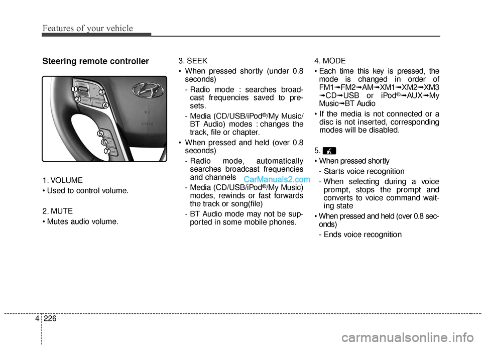Hyundai Santa Fe 2016 Owners Manual Features of your vehicle
226
4
Steering remote controller
1. VOLUME
2. MUTE
3. SEEK
When pressed shortly (under 0.8
seconds)
- Radio mode : searches broad-cast frequencies saved to pre-
sets.
- Med Hyundai Santa Fe 2016 Owners Manual Features of your vehicle
226
4
Steering remote controller
1. VOLUME
2. MUTE
3. SEEK
When pressed shortly (under 0.8
seconds)
- Radio mode : searches broad-cast frequencies saved to pre-
sets.
- Med