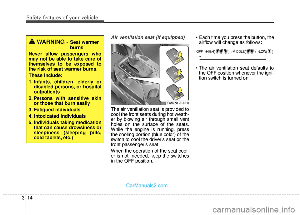 Hyundai Santa Fe 2016  Owners Manual Safety features of your vehicle
14
3
Air ventilation seat (if equipped)
The air ventilation seat is provided to
cool the front seats during hot weath-
er by blowing air through small vent
holes on the