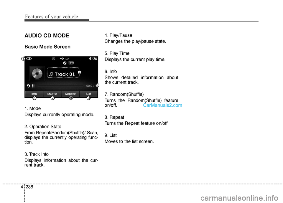 Hyundai Santa Fe 2016 Owners Manual Features of your vehicle
238
4
AUDIO CD MODE
Basic Mode Screen
1. Mode
Displays currently operating mode.
2. Operation State
From Repeat/Random(Shuffle)/ Scan,
displays the currently operating func-
t Hyundai Santa Fe 2016 Owners Manual Features of your vehicle
238
4
AUDIO CD MODE
Basic Mode Screen
1. Mode
Displays currently operating mode.
2. Operation State
From Repeat/Random(Shuffle)/ Scan,
displays the currently operating func-
t