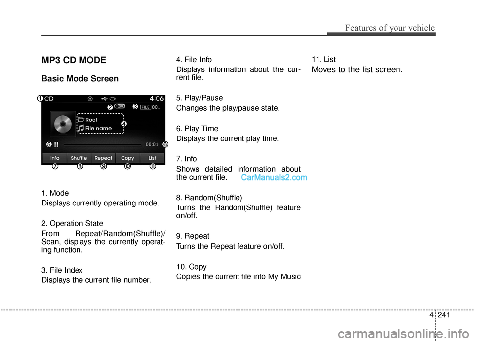 Hyundai Santa Fe 2016 Owners Manual 4241
Features of your vehicle
MP3 CD MODE
Basic Mode Screen
1. Mode
Displays currently operating mode.
2. Operation State
From Repeat/Random(Shuffle)/
Scan, displays the currently operat-
ing function Hyundai Santa Fe 2016 Owners Manual 4241
Features of your vehicle
MP3 CD MODE
Basic Mode Screen
1. Mode
Displays currently operating mode.
2. Operation State
From Repeat/Random(Shuffle)/
Scan, displays the currently operat-
ing function