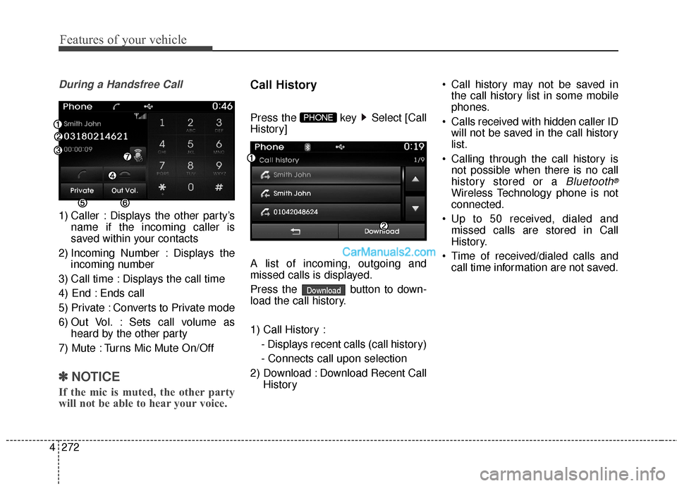Hyundai Santa Fe 2016 Owners Manual Features of your vehicle
272
4
During a Handsfree Call
1) Caller : Displays the other party’s
name if the incoming caller is
saved within your contacts
2) Incoming Number : Displays the incoming num Hyundai Santa Fe 2016 Owners Manual Features of your vehicle
272
4
During a Handsfree Call
1) Caller : Displays the other party’s
name if the incoming caller is
saved within your contacts
2) Incoming Number : Displays the incoming num