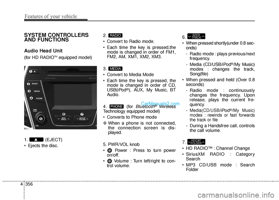 Hyundai Santa Fe 2016 Owners Manual Features of your vehicle
356
4
SYSTEM CONTROLLERS
AND FUNCTIONS
Audio Head Unit
(for HD RADIOTMequipped model)
1. (EJECT)
Ejects the disc. 2.
Convert to Radio mode.
Each time the key is pressed,th Hyundai Santa Fe 2016 Owners Manual Features of your vehicle
356
4
SYSTEM CONTROLLERS
AND FUNCTIONS
Audio Head Unit
(for HD RADIOTMequipped model)
1. (EJECT)
Ejects the disc. 2.
Convert to Radio mode.
Each time the key is pressed,th