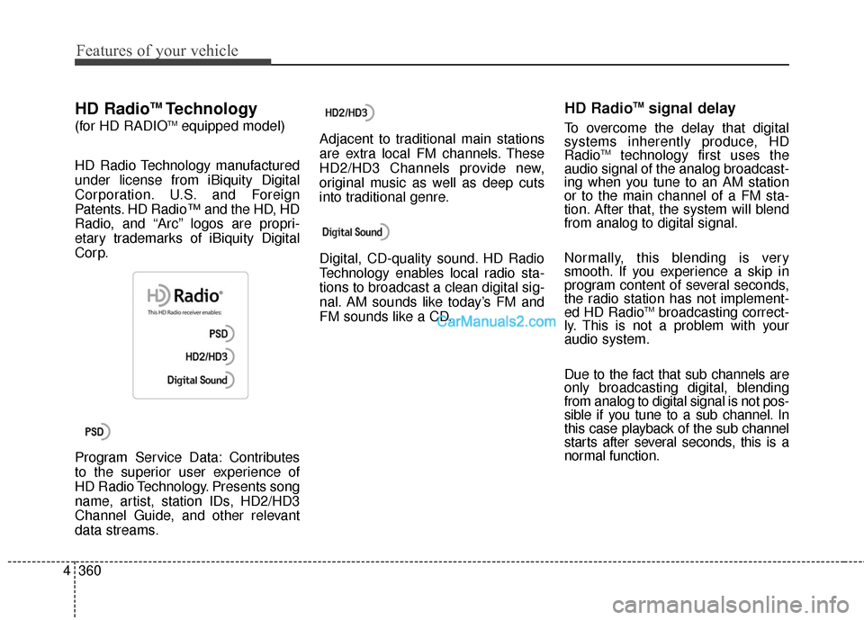 Hyundai Santa Fe 2016 Owners Manual Features of your vehicle
360
4
HD RadioTMTechnology
(for HD RADIOTMequipped model)
HD Radio Technology manufactured
under license from iBiquity Digital
Corporation. U.S. and Foreign
Patents. HD Radio Hyundai Santa Fe 2016 Owners Manual Features of your vehicle
360
4
HD RadioTMTechnology
(for HD RADIOTMequipped model)
HD Radio Technology manufactured
under license from iBiquity Digital
Corporation. U.S. and Foreign
Patents. HD Radio