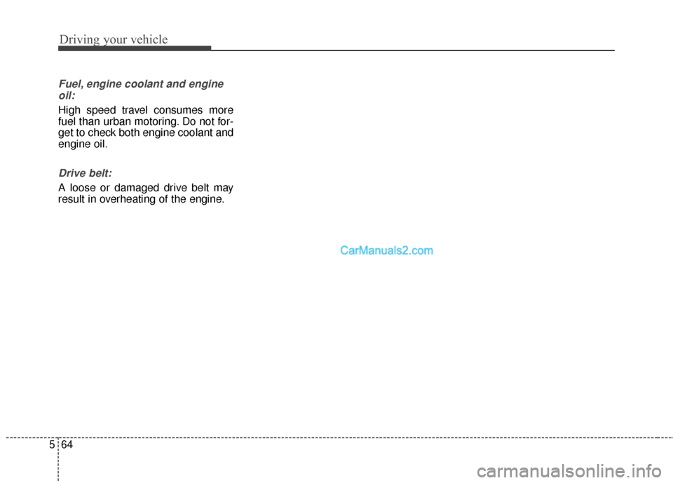 Hyundai Santa Fe 2016  Owners Manual Driving your vehicle
64
5
Fuel, engine coolant and engine
oil:
High speed travel consumes more
fuel than urban motoring. Do not for-
get to check both engine coolant and
engine oil.
Drive belt:
A loos