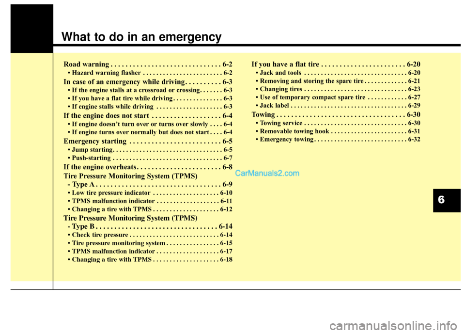 Hyundai Santa Fe 2016 Owners Manual What to do in an emergency
Road warning . . . . . . . . . . . . . . . . . . . . . . . . . . . . . . 6-2
• Hazard warning flasher . . . . . . . . . . . . . . . . . . . . . . . . 6-2
In case of an eme Hyundai Santa Fe 2016 Owners Manual What to do in an emergency
Road warning . . . . . . . . . . . . . . . . . . . . . . . . . . . . . . 6-2
• Hazard warning flasher . . . . . . . . . . . . . . . . . . . . . . . . 6-2
In case of an eme
