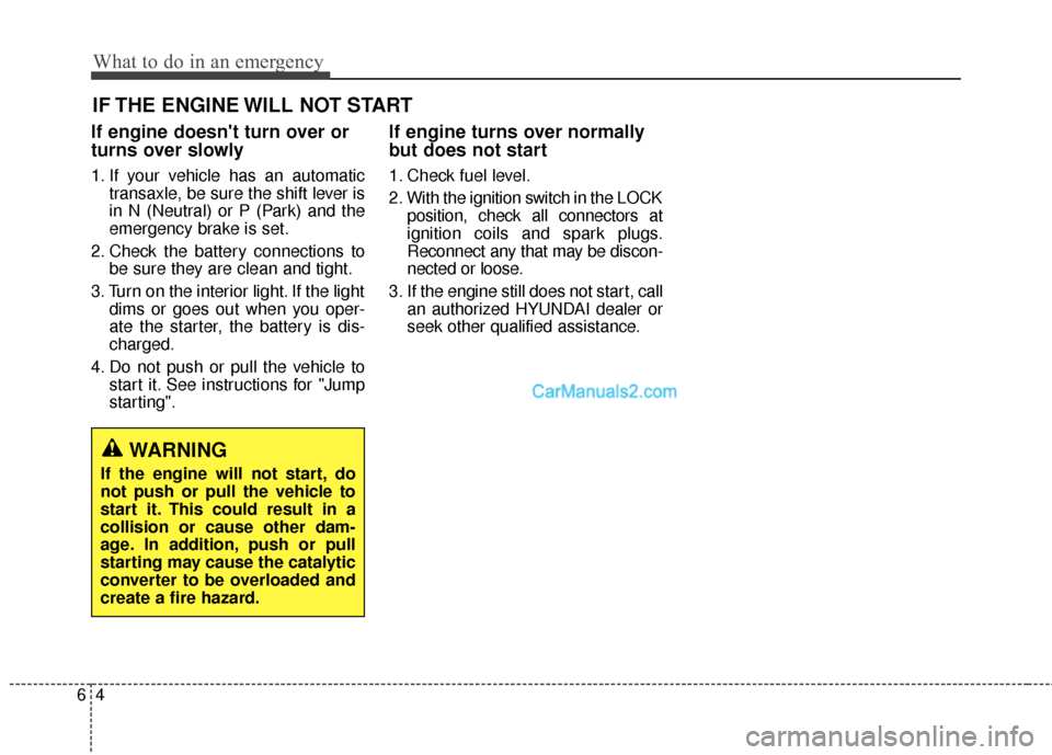 Hyundai Santa Fe 2016  Owners Manual What to do in an emergency
46
IF THE ENGINE WILL NOT START
If engine doesnt turn over or
turns over slowly
1. If your vehicle has an automatictransaxle, be sure the shift lever is
in N (Neutral) or P