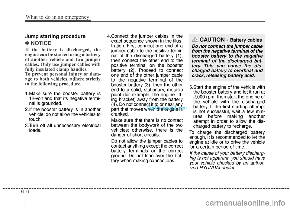 Hyundai Santa Fe 2016 Owners Manual What to do in an emergency
66
Jump starting procedure
✽
✽NOTICE
If the battery is discharged, the
engine can be started using a battery
of another vehicle and two jumper
cables. Only use jumper ca Hyundai Santa Fe 2016 Owners Manual What to do in an emergency
66
Jump starting procedure
✽
✽NOTICE
If the battery is discharged, the
engine can be started using a battery
of another vehicle and two jumper
cables. Only use jumper ca